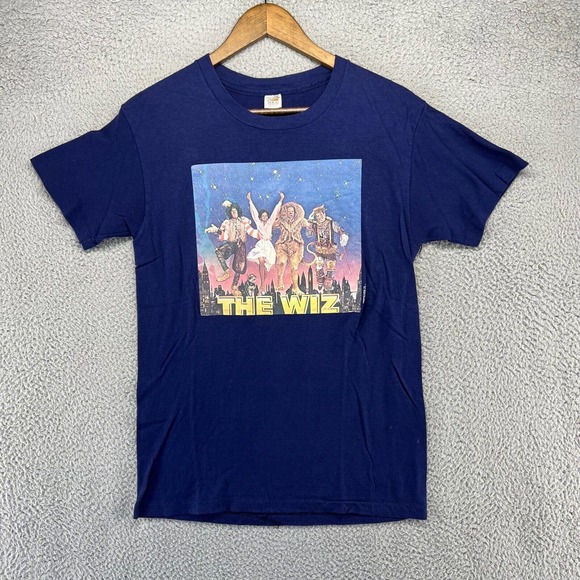 Vintage 70s Wizard Of Oz Shirt Mens Medium Blue Graphic Iron On Double Sided USA - Picture 1 of 11